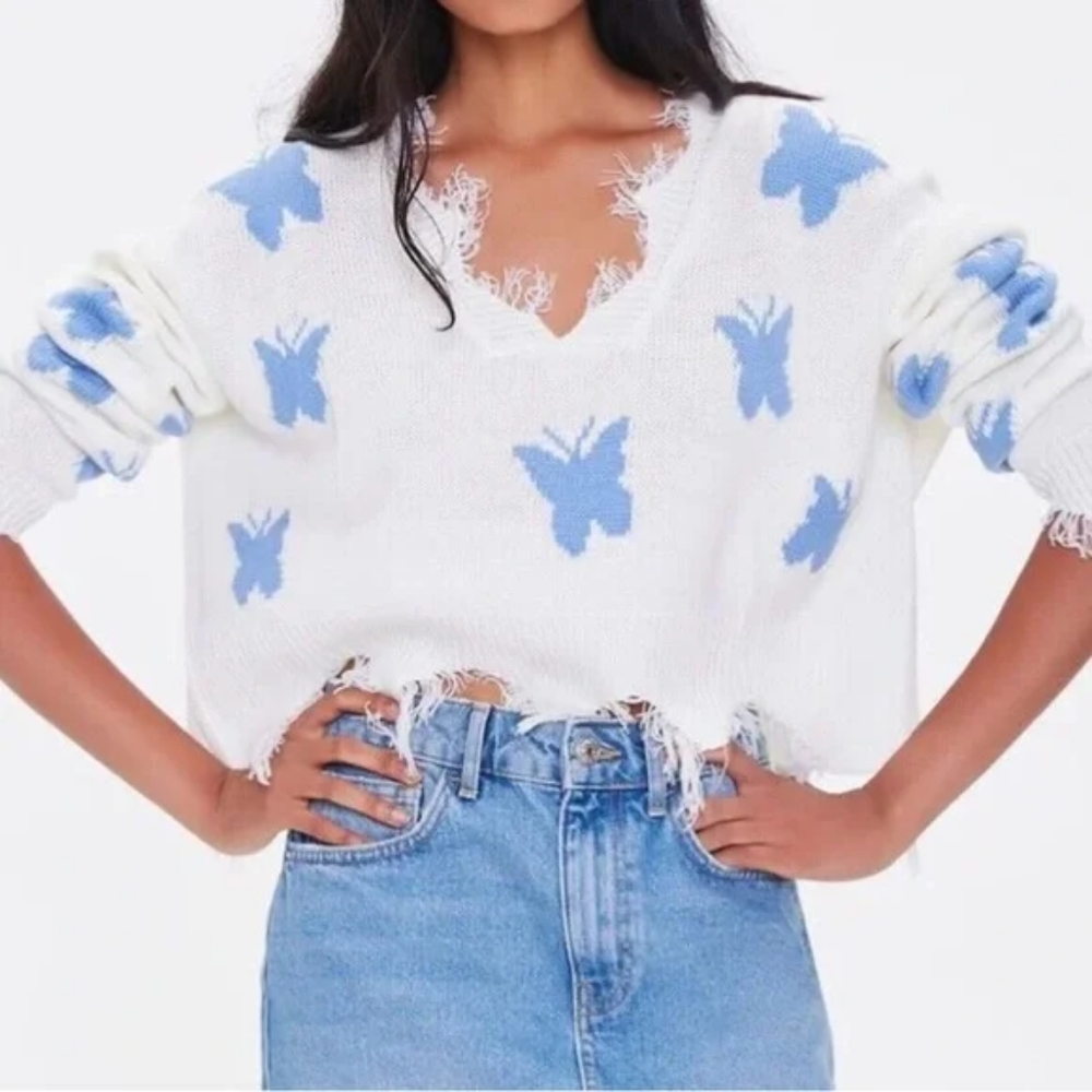 Just Polly Distressed Cropped Butterfly Sweater In Large